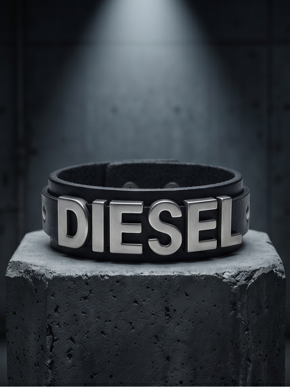 Diesel Black Leather Bracelet with Silver Logo Letters